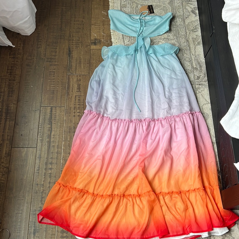 RAINBOW DREAMS SHIMMER HALTER CUTOUT TIERED MAXI DRESS